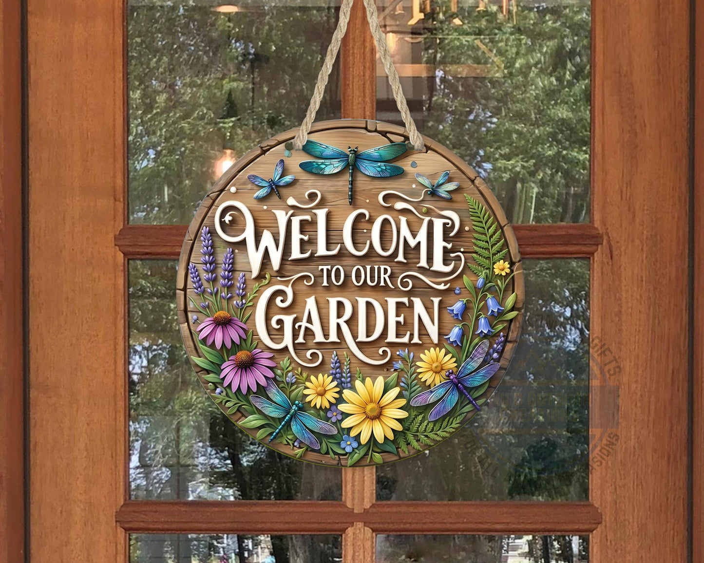 Welcome Garden Sign – Round Garden Door Hanger with Dragonfly & Rustic Decor - scale and size reference