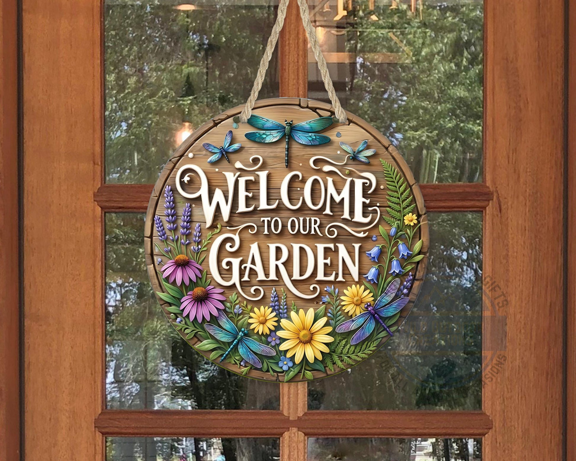 Welcome Garden Sign – Round Garden Door Hanger with Dragonfly & Rustic Decor - scale and size reference