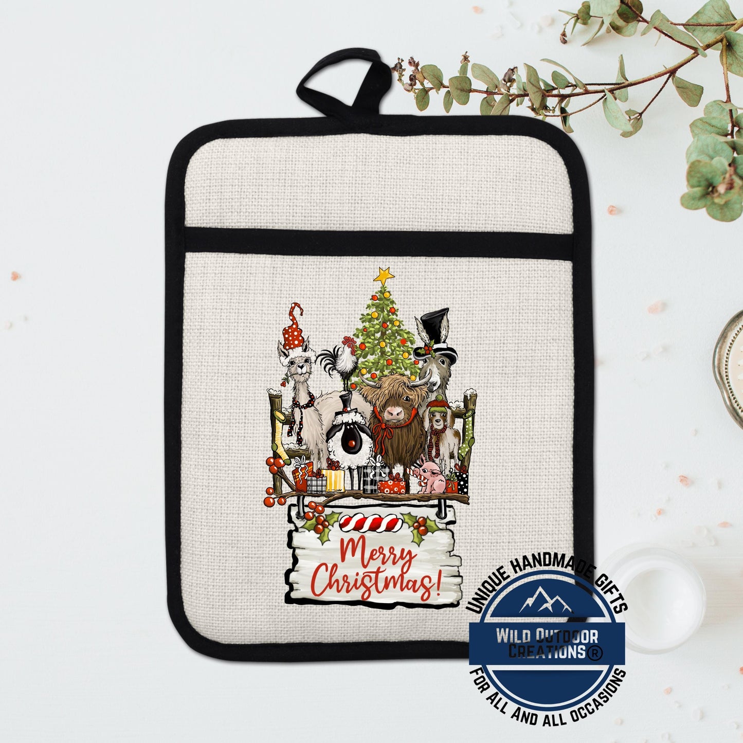 Farmhouse Pot Holder Linen Hot Pad Highland Cow Llama Christmas Kitchen Gift Decor