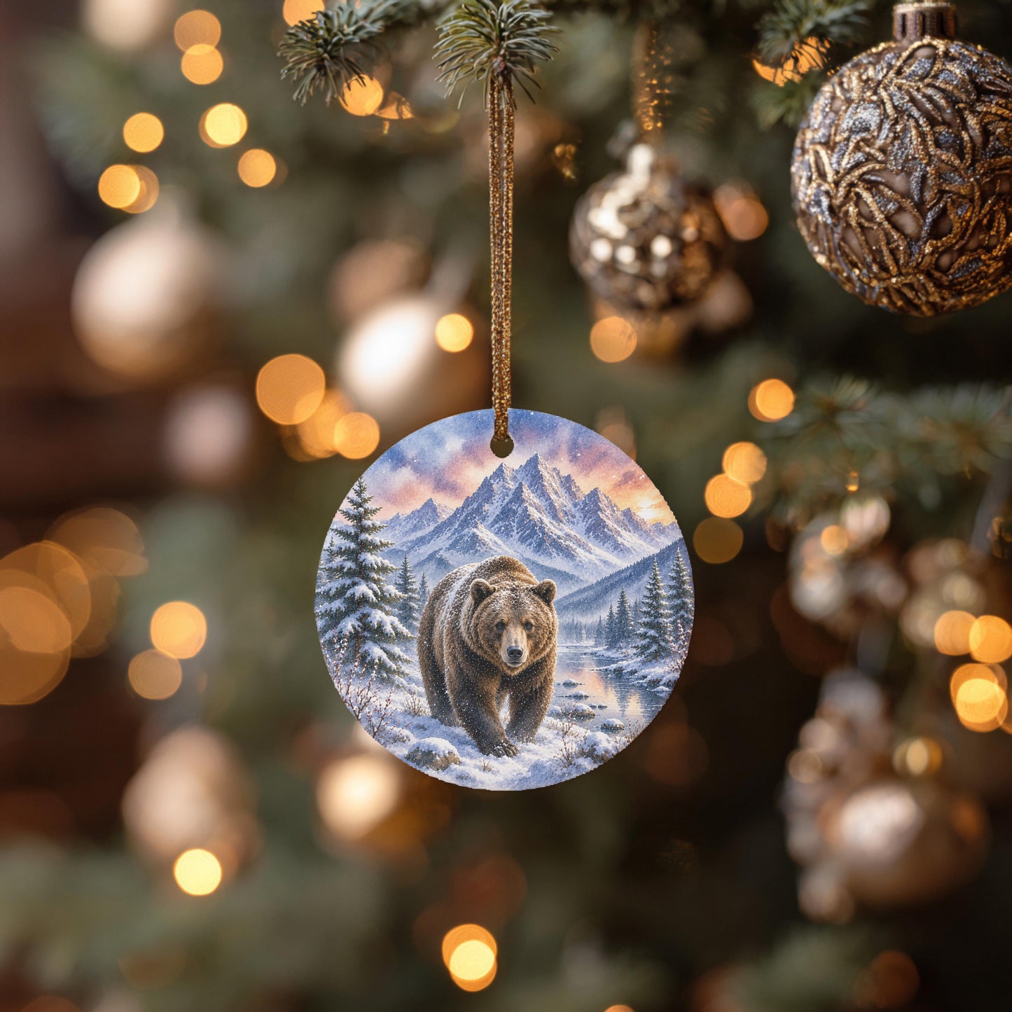 Grizzly Bear Ornament | Watercolor Mountains, Ceramic Keepsake