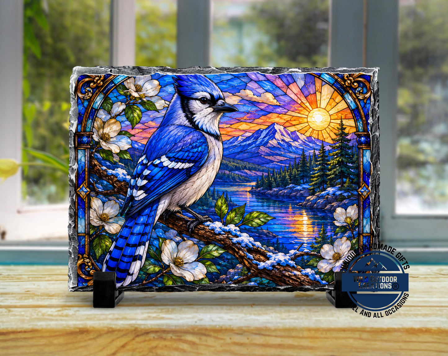 Blue Jay Faux Stained Glass Slate Plaque, Mountain Lake Sunset Bird Decor, Birder Gift