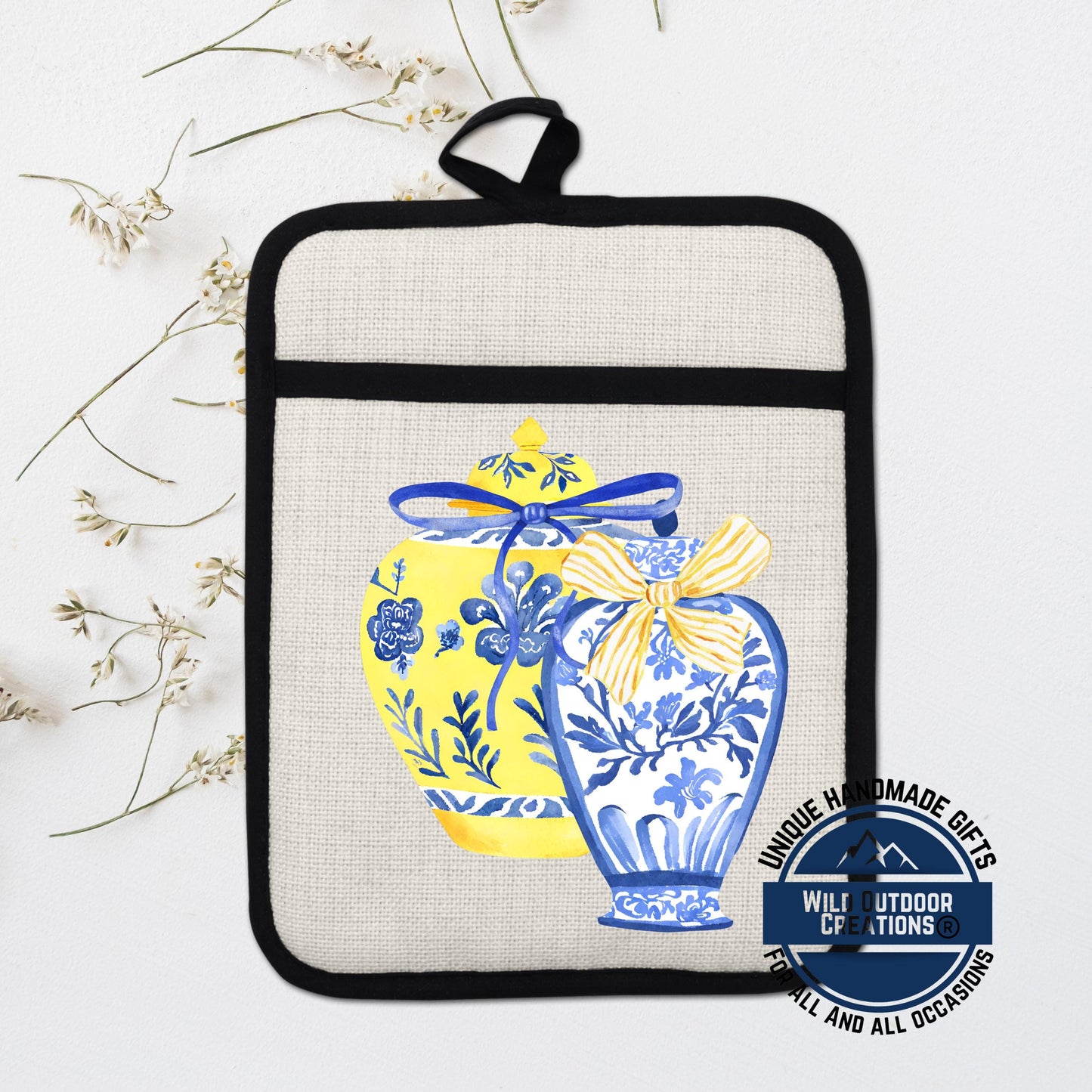 Chinoiserie Pot Holder – Blue Yellow Ginger Jar Linen Kitchen Accessory with Pocket - scale and size reference