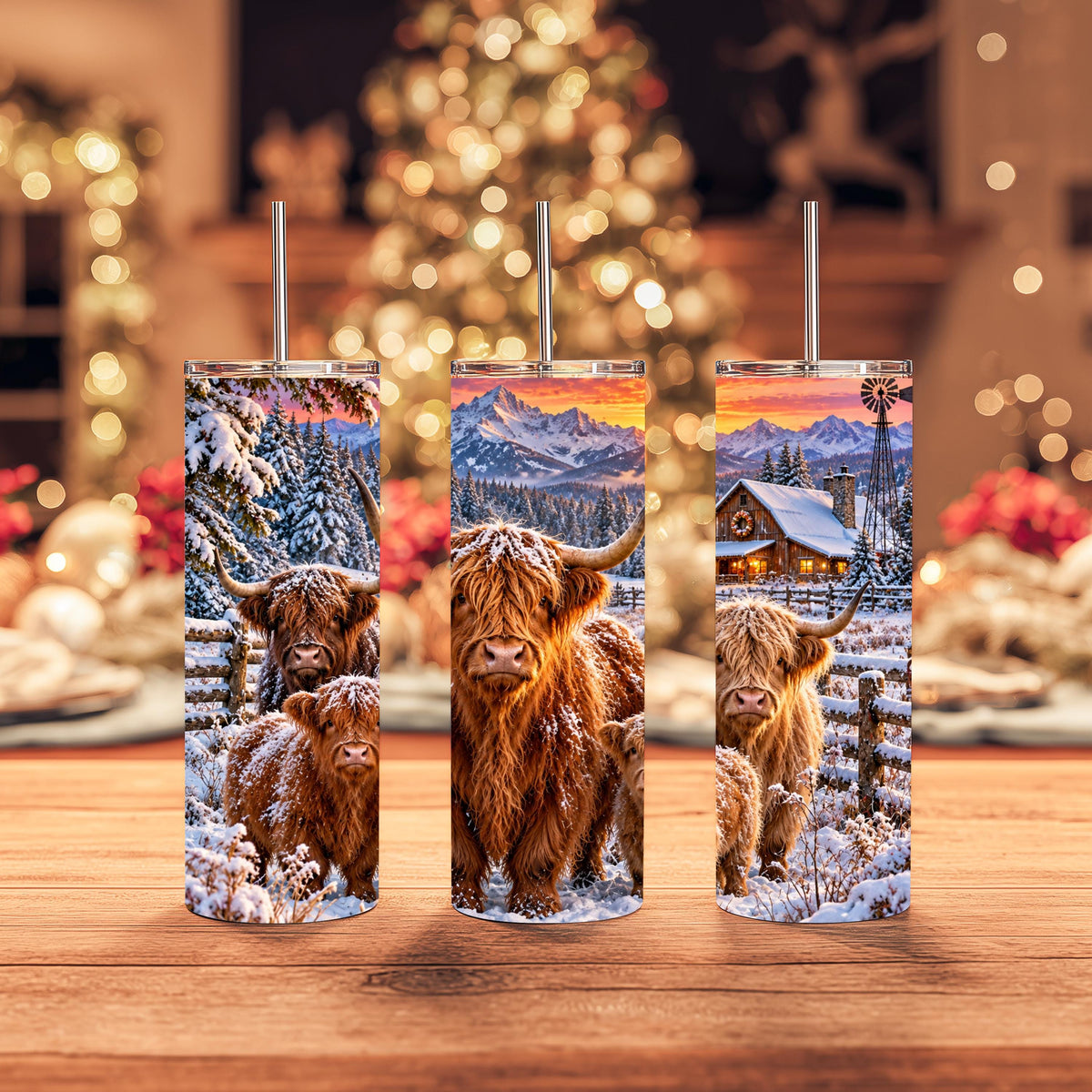 Highland Cow Cup, 20 Oz Skinny Tumbler, Snowy Mountain Cabin Gift