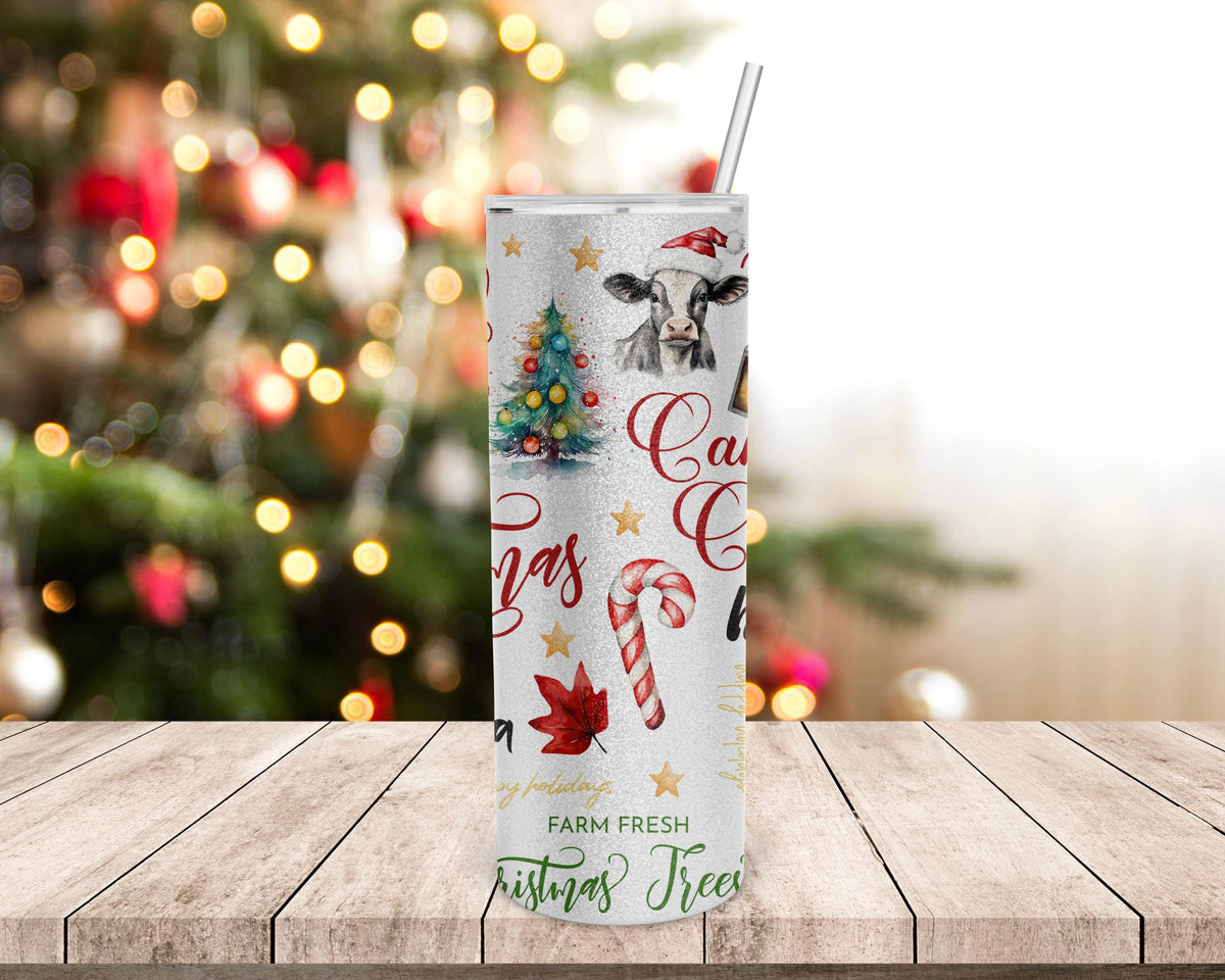 Christmas Cow Tumbler, 20 Oz Skinny Silver Glitter Santa Hat