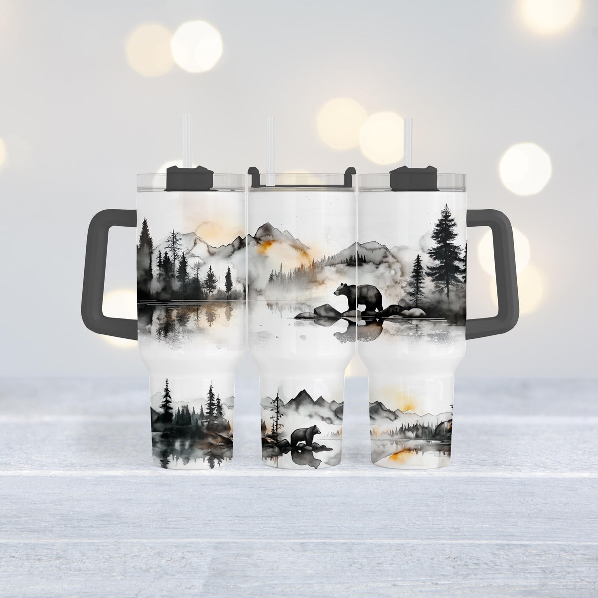Black Bear Tumbler, 40 Oz Handle Cup, Misty Mountain Watercolor