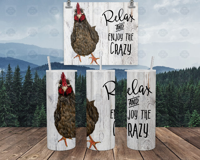 Stainless Steel Tumbler, Crazy Chicken Whitewash Art, 20Oz Lid Straw
