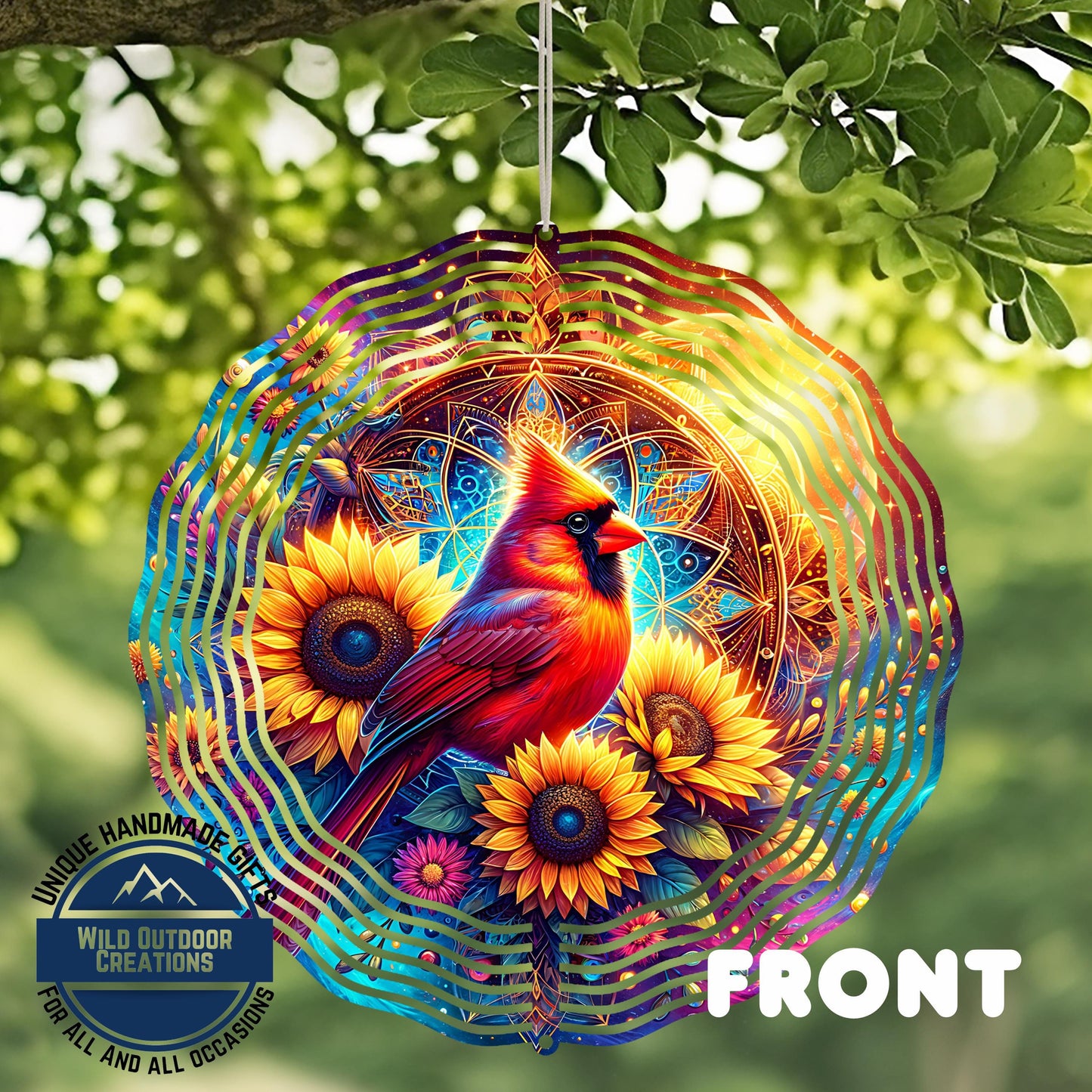 Cardinal Sunflower Spinner - Aluminum Mandala Wind Spinner for Garden Decor