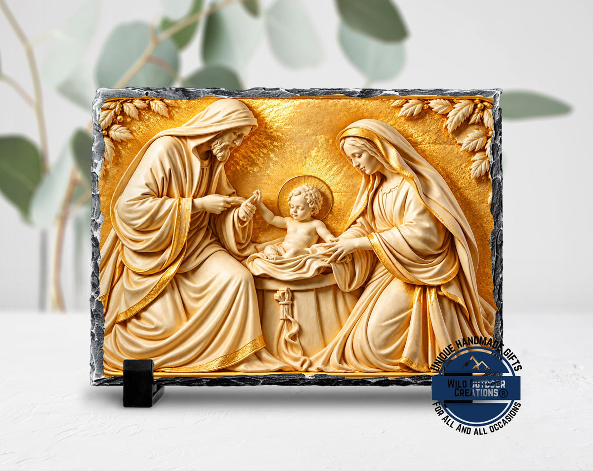 Holy Family Slate Plaque, Gold Nativity Art, Christian Catholic Religious Gift Decor