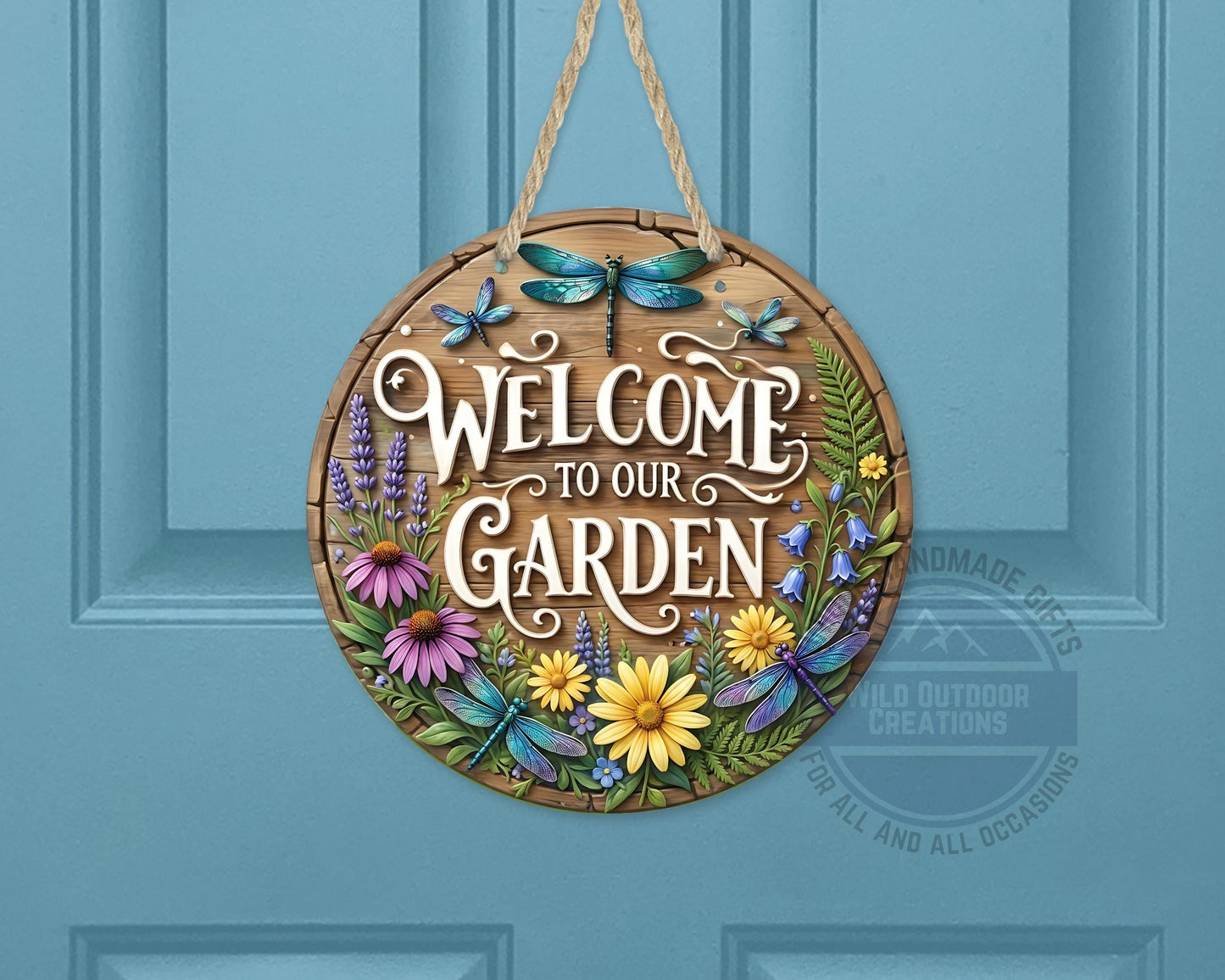 Welcome Garden Sign – Round Garden Door Hanger with Dragonfly & Rustic Decor