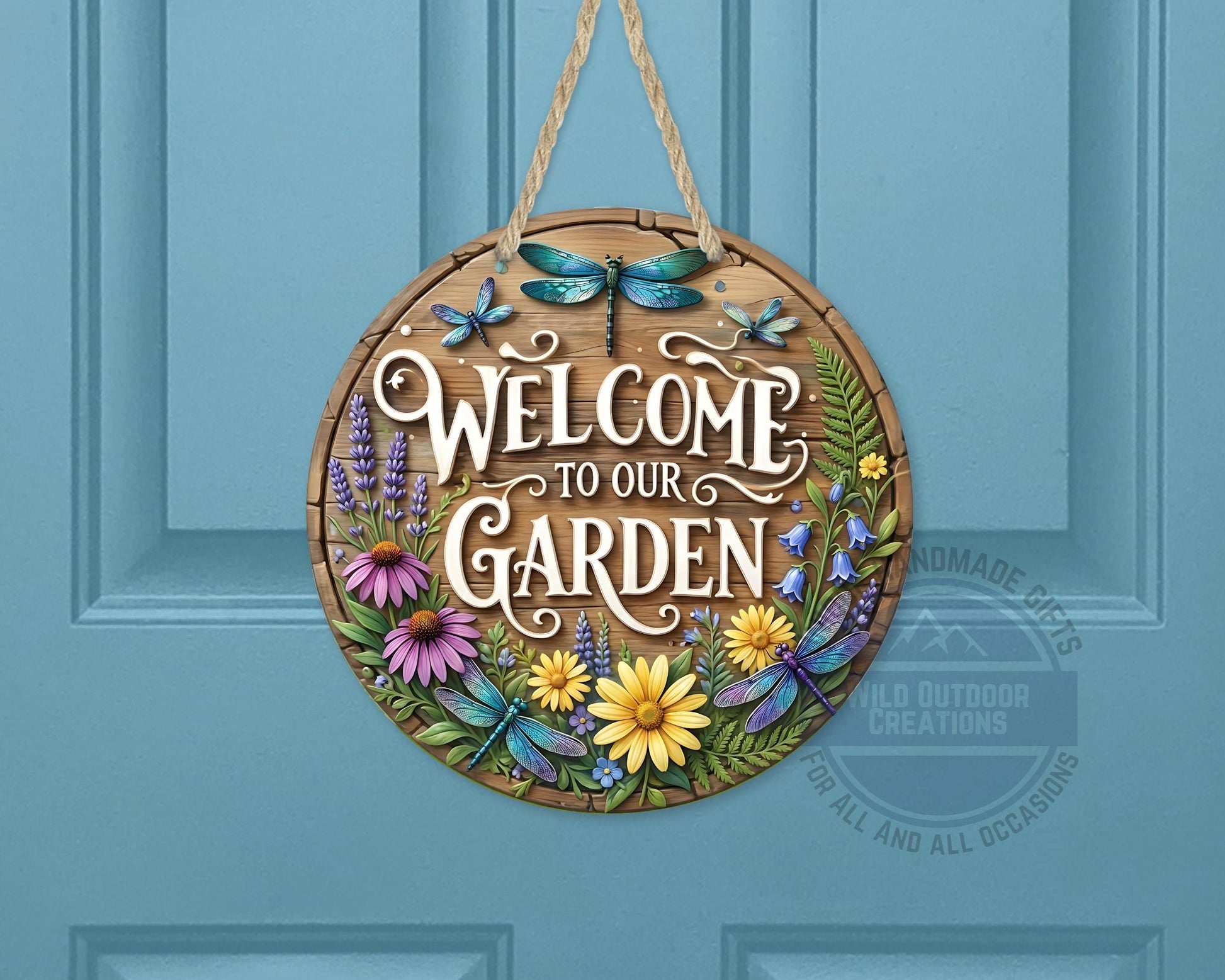 Welcome Garden Sign – Round Garden Door Hanger with Dragonfly & Rustic Decor