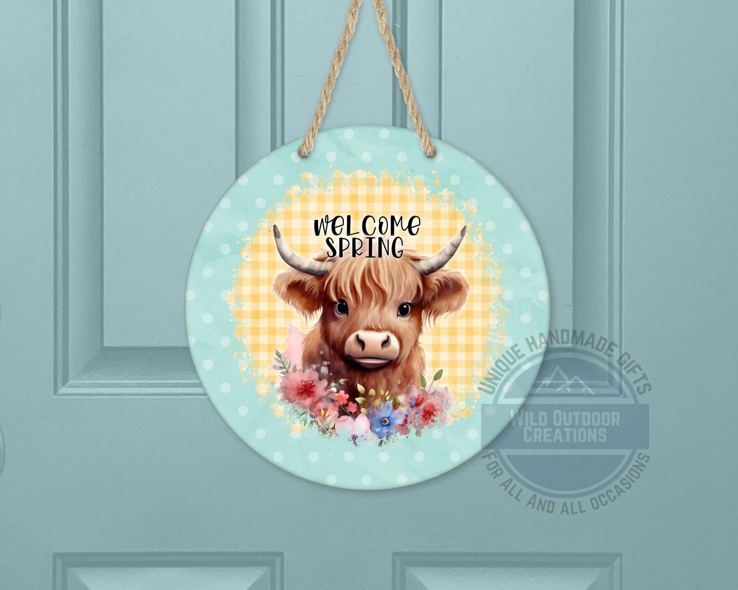 Welcome Spring Sign - Highland Cow Decor | Round Aluminum Front Porch Sign - additional angle