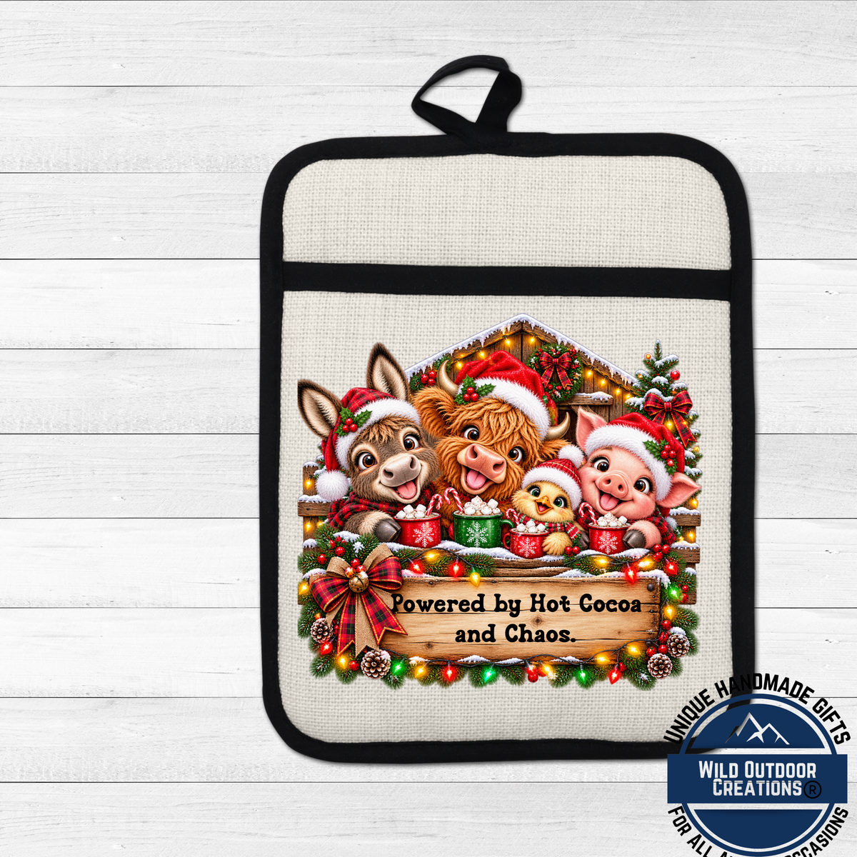A hand-made pot holder featuring a festive Christmas scene with animals wearing Santa hats and holding presents.