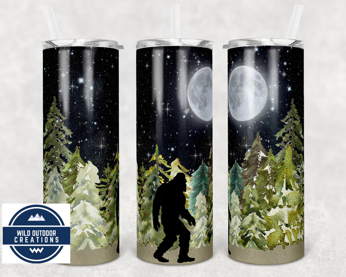 Steel Travel Mug, Bigfoot Sasquatch Woods Scene, 20 Oz Straw Lid