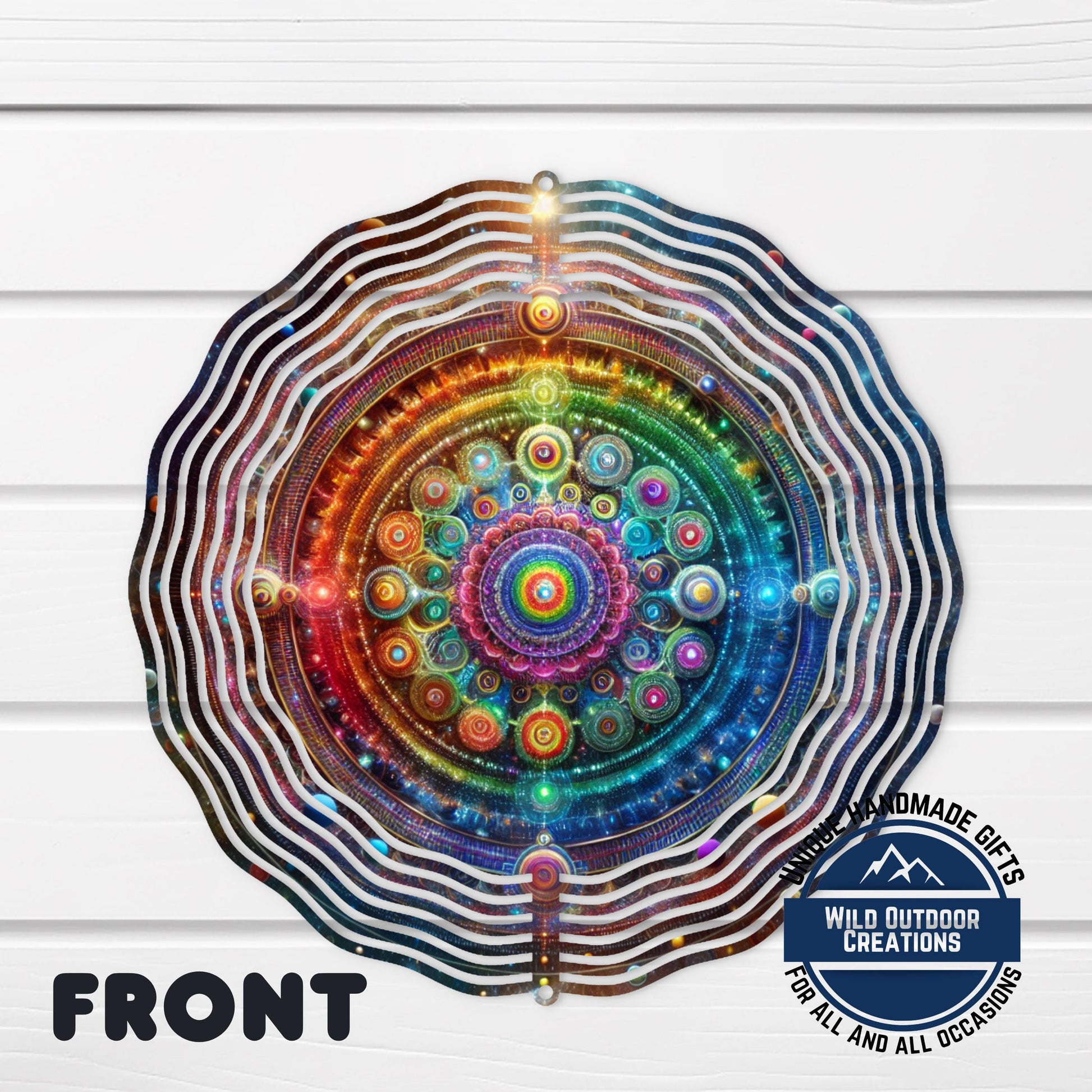 Neon Mandala Wind Spinner - Boho Garden Decor | Double Sided Aluminum Spinner - close-up detail of design