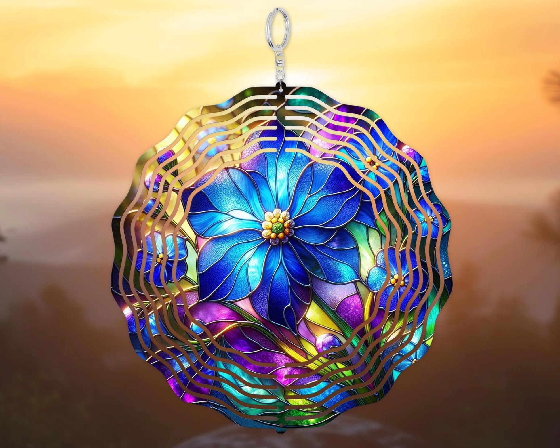 Forget-Me-Not Wind Spinner – 10 Inch Aluminum Garden Kinetic Art with 360 Degree Rotation - shown spinning in outdoor gard...