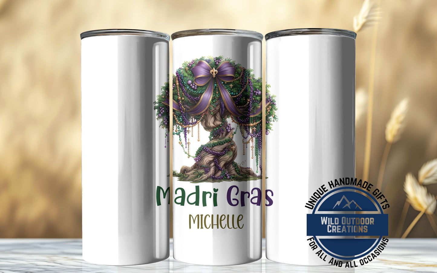 Mardi Gras Skinny Tumbler - Custom Name Glow In Dark Cup | Vacuum Insulated 20oz & 30oz - scale and size reference