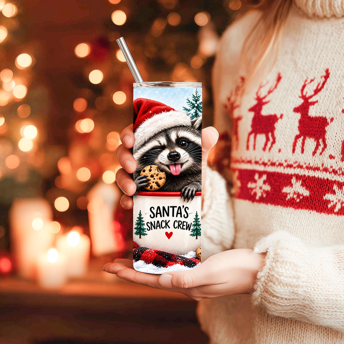 Raccoon Tumbler, 20 Oz Skinny, Buffalo Plaid Santa Hat Gift Cup