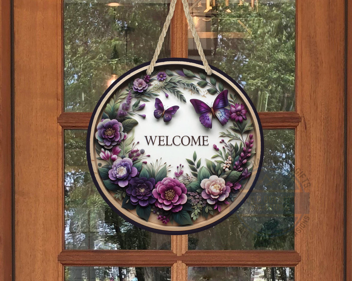 Welcome Door Hanger - Purple Floral Butterfly Porch Sign | Weather Resistant Aluminum - displayed on front door