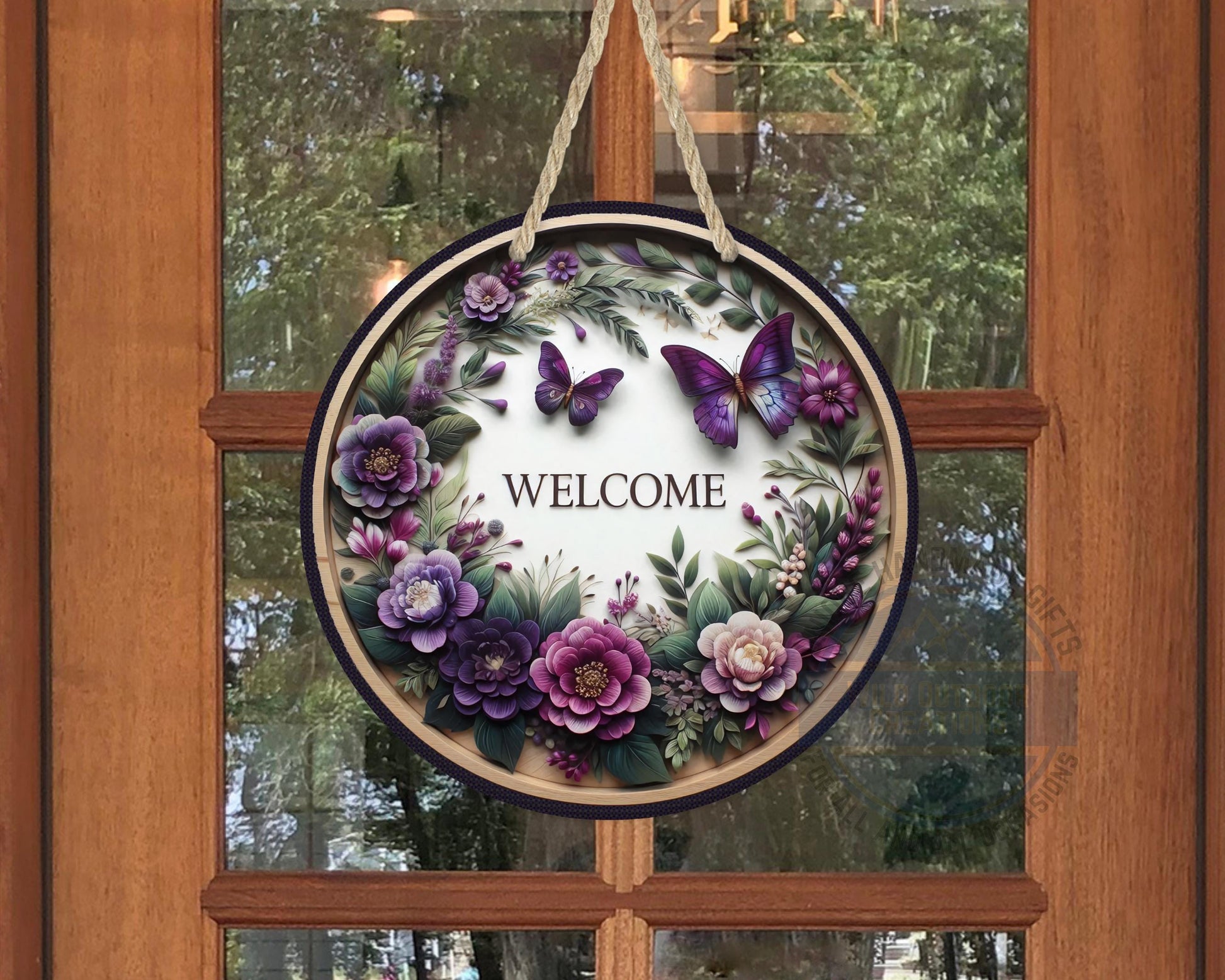 Welcome Door Hanger - Purple Floral Butterfly Porch Sign | Weather Resistant Aluminum - displayed on front door