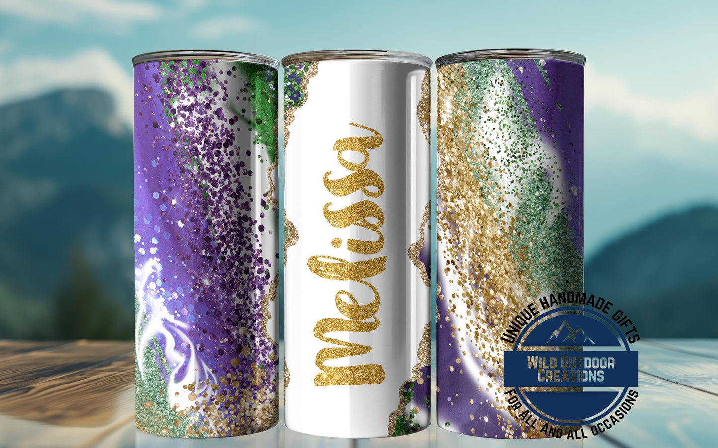 Mardi Gras Tumbler - Custom Skinny Stainless Steel Faux Glitter Cup | 20oz & 30oz Insulated - product dimensions and speci...