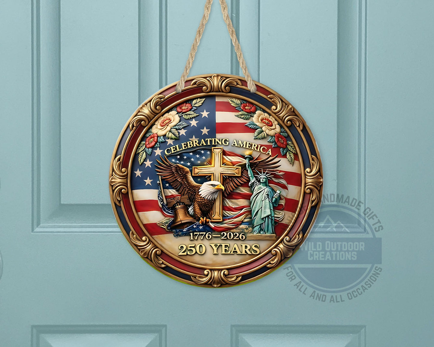 Patriotic Door Hanger - America 250 Decor | Eagle And Flag Aluminum Sign - additional angle