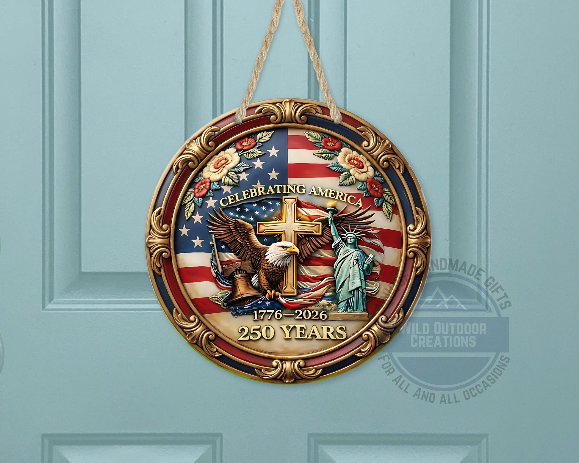 Patriotic Door Hanger - America 250 Decor | Eagle And Flag Aluminum Sign - additional angle
