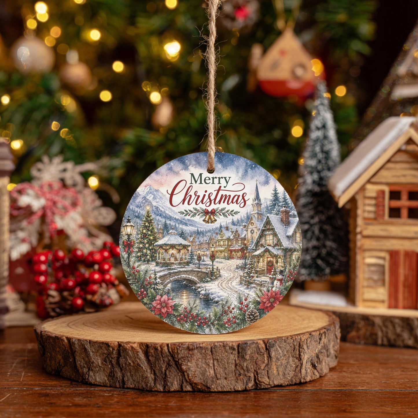 Ceramic Christmas Ornament, Snowy Church Village Scene, 3 Inch Round