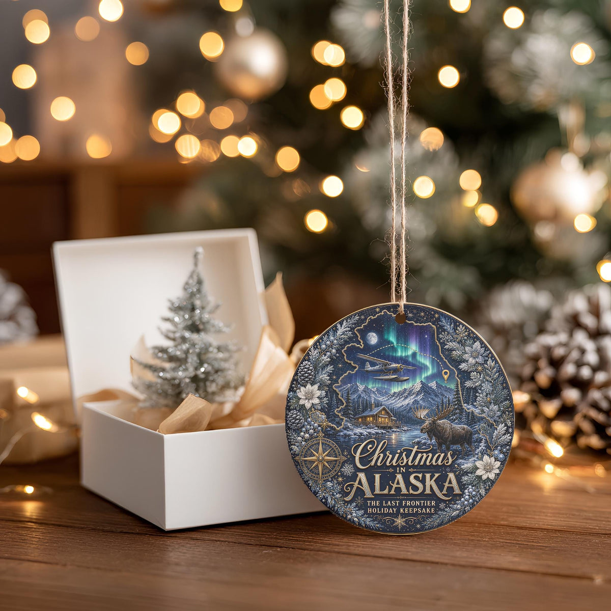 Alaska Ornament - Northern Lights Moose Cabin, 3 Inch Ceramic Tree