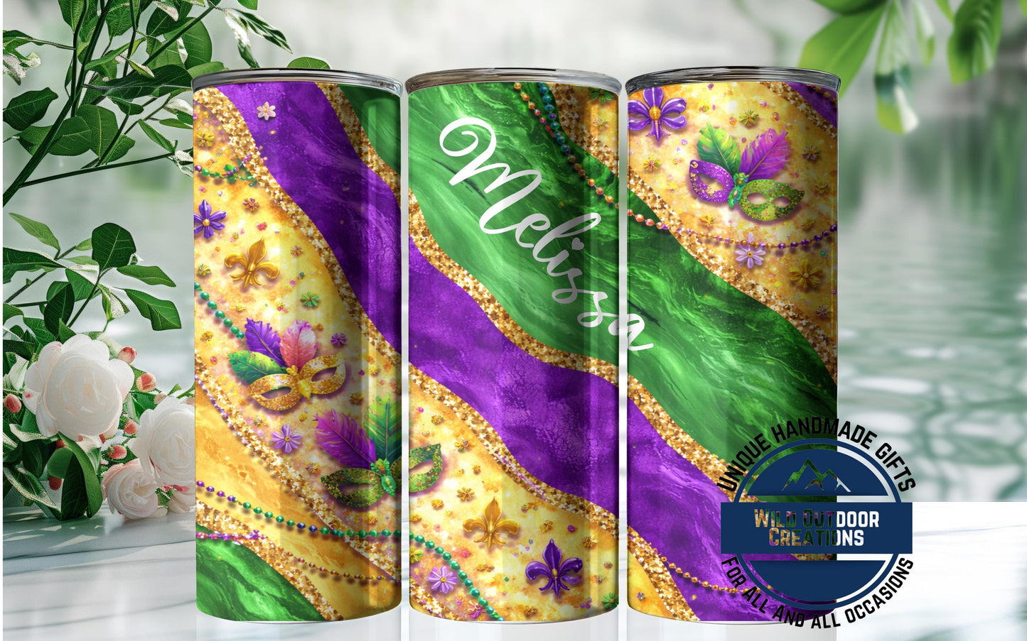 Custom Name Tumbler - Mardi Gras Mask Design | Glow in Dark Green Festival Cup - additional angle
