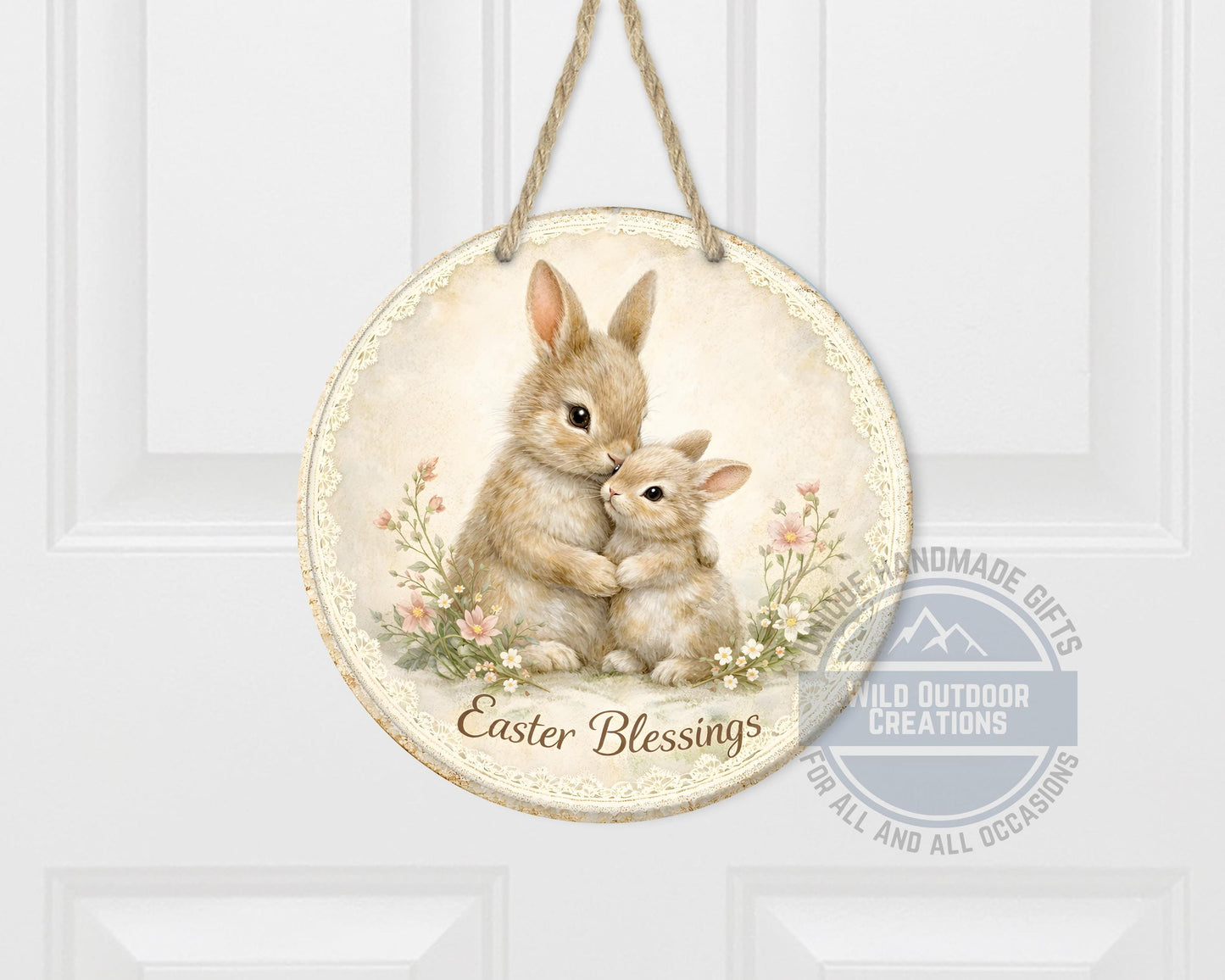Spring Bunny Door Hanger – Floral Easter Sign | 10" Round Aluminum Decor - displayed on front door