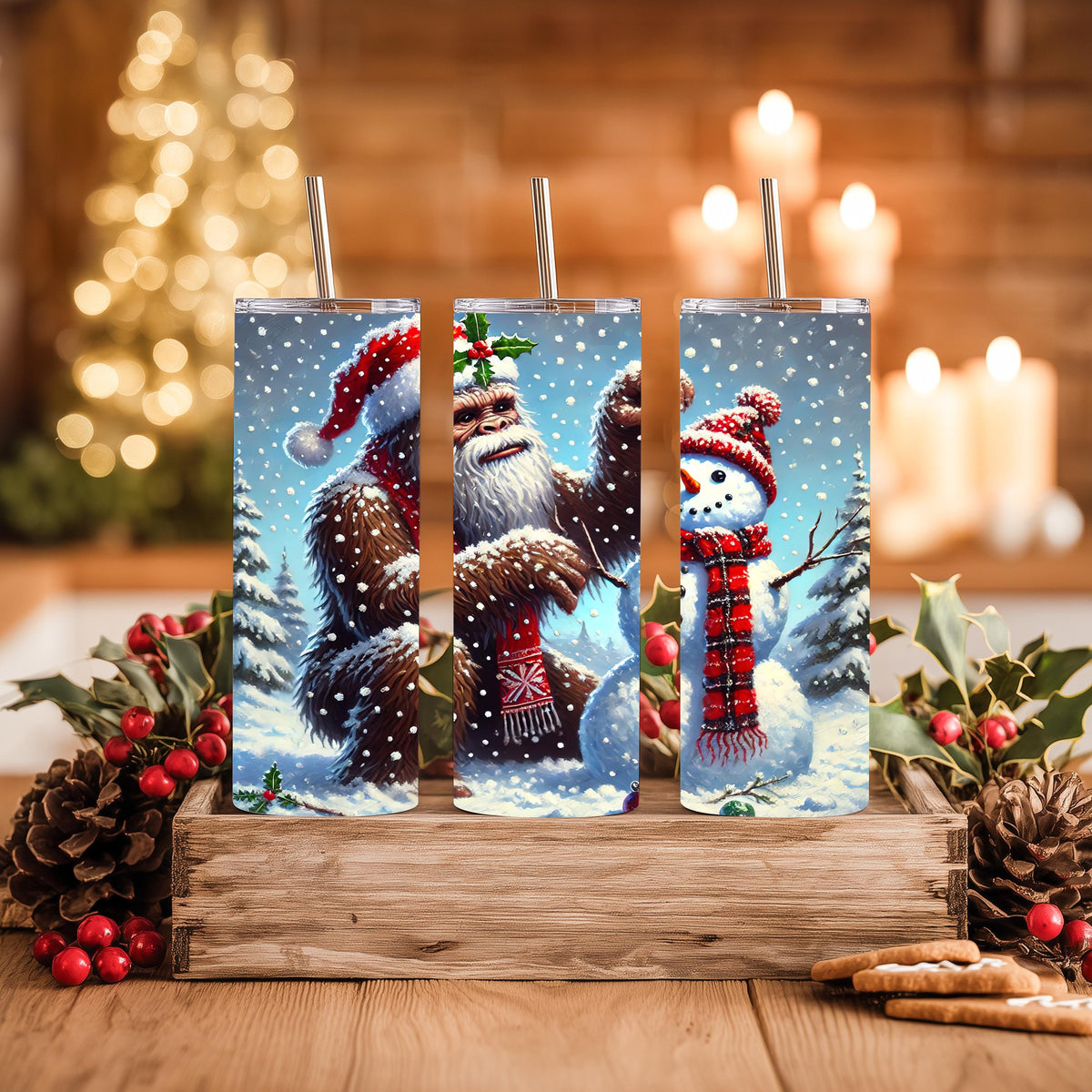 Bigfoot Tumbler, Sasquatch Santa Hat Scene, 20 Oz Skinny Wrap