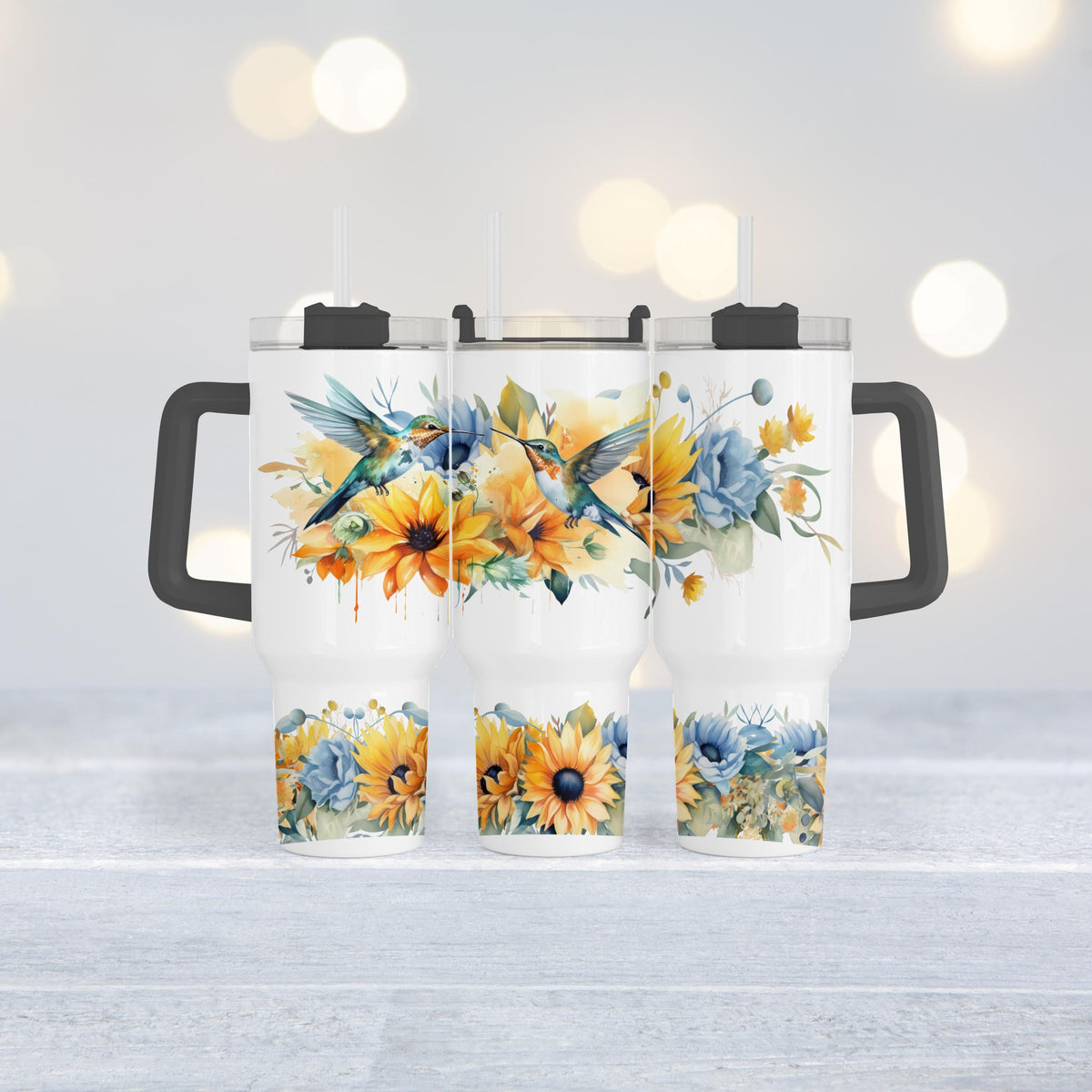 40 Oz Tumbler, Hummingbird Sunflower Blue Floral Cup With Handle