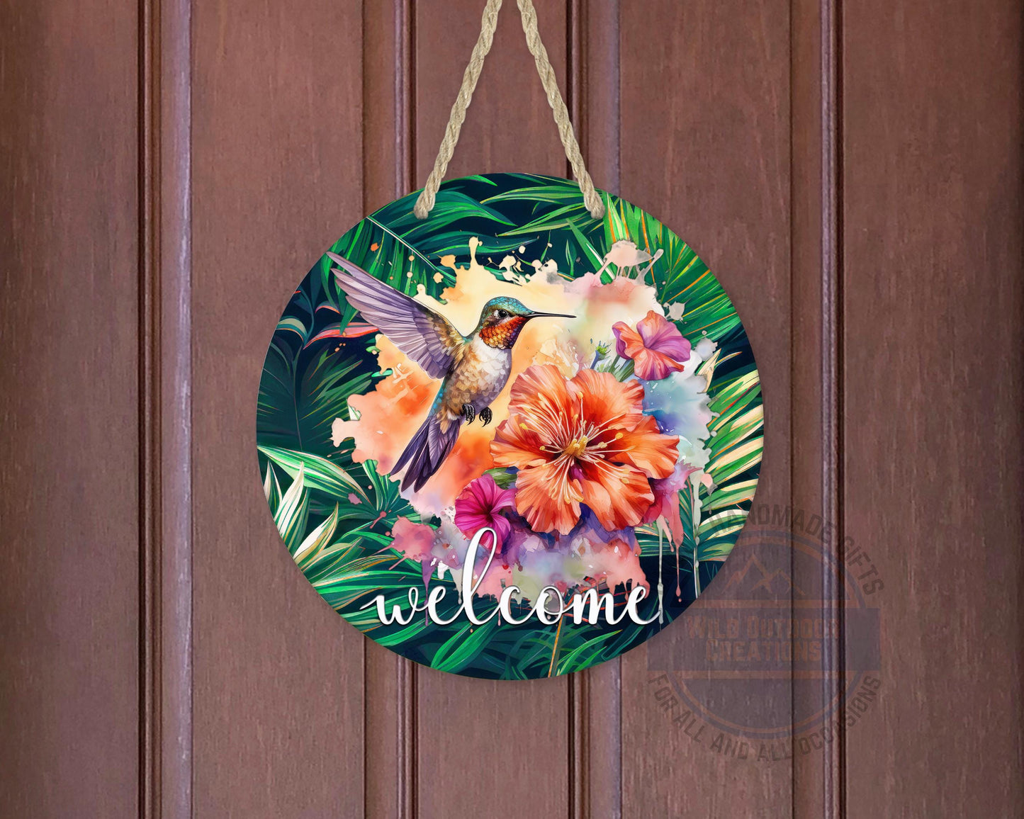 Tropical Hummingbird Door Hanger - Colorful Floral Welcome Sign with Fade Resistant Print - detail view