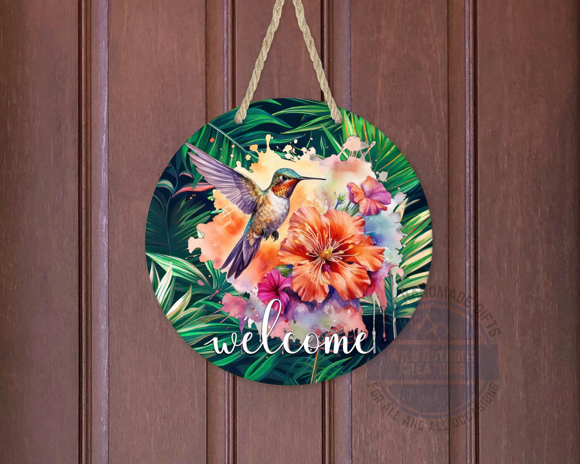 Tropical Hummingbird Door Hanger - Colorful Floral Welcome Sign with Fade Resistant Print - detail view