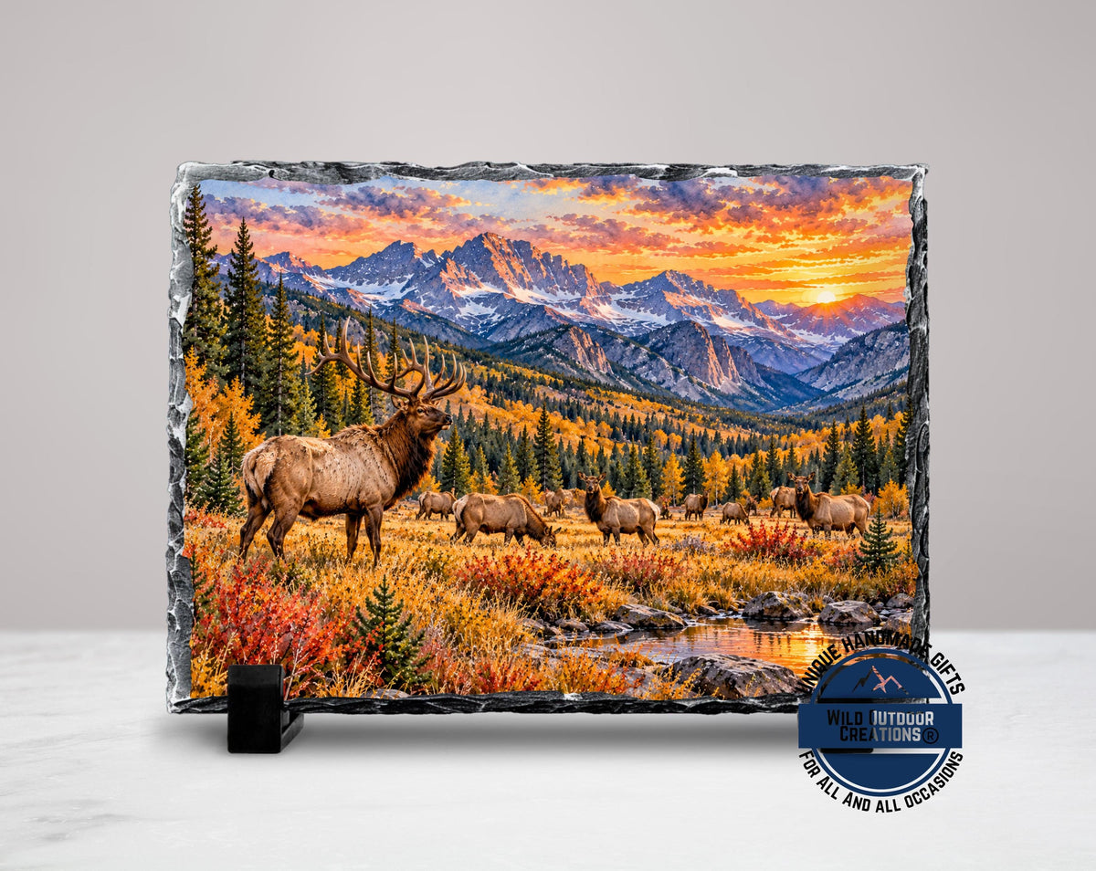 Elk Herd Slate Plaque, Colorado Mountain Wildlife Art, Rustic Fall Cabin Decor