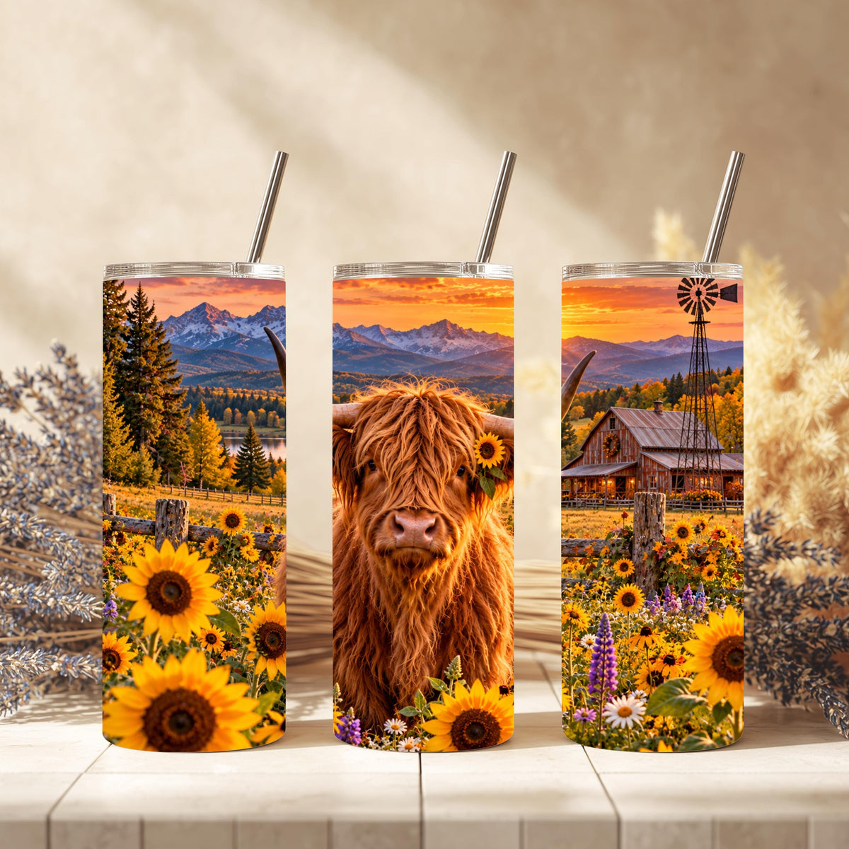 Highland Cow Cup, Sunflower Wrap | 20 Oz Skinny Tumbler Set