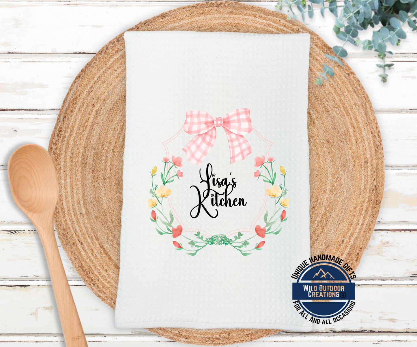 Personalized Kitchen Towel – Custom Floral Wreath Pink Gingham Bow Gift - detail view