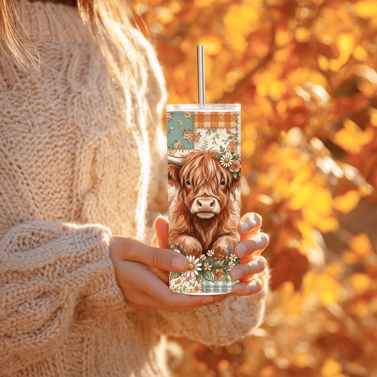 Highland Cow Tumbler | Floral Patchwork 20 Oz Skinny, Teal Peach Farmhouse