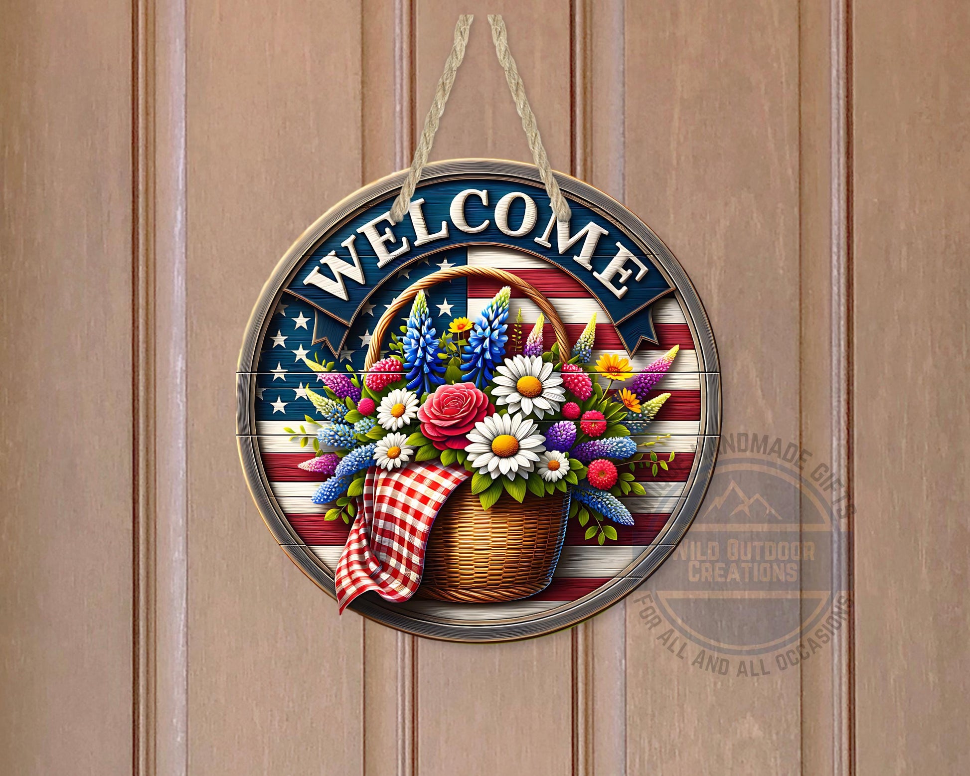 Patriotic Door Hanger - Aluminum Outdoor Sign With American Flag & Floral Basket - packaging and presentation
