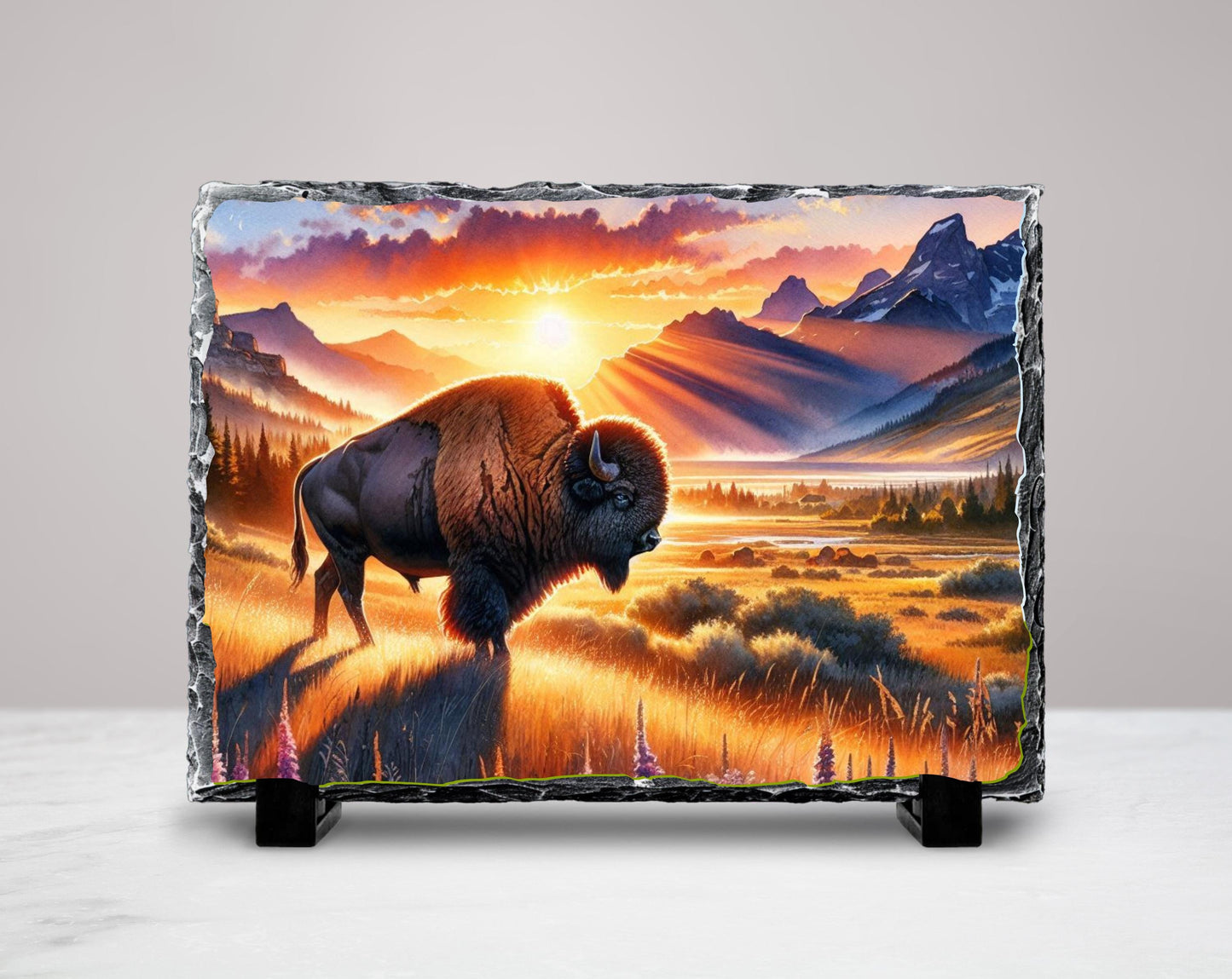 Bison Sunset Slate Sign – Rustic Buffalo Mountain Art With Fade Resistant Printing - detail view