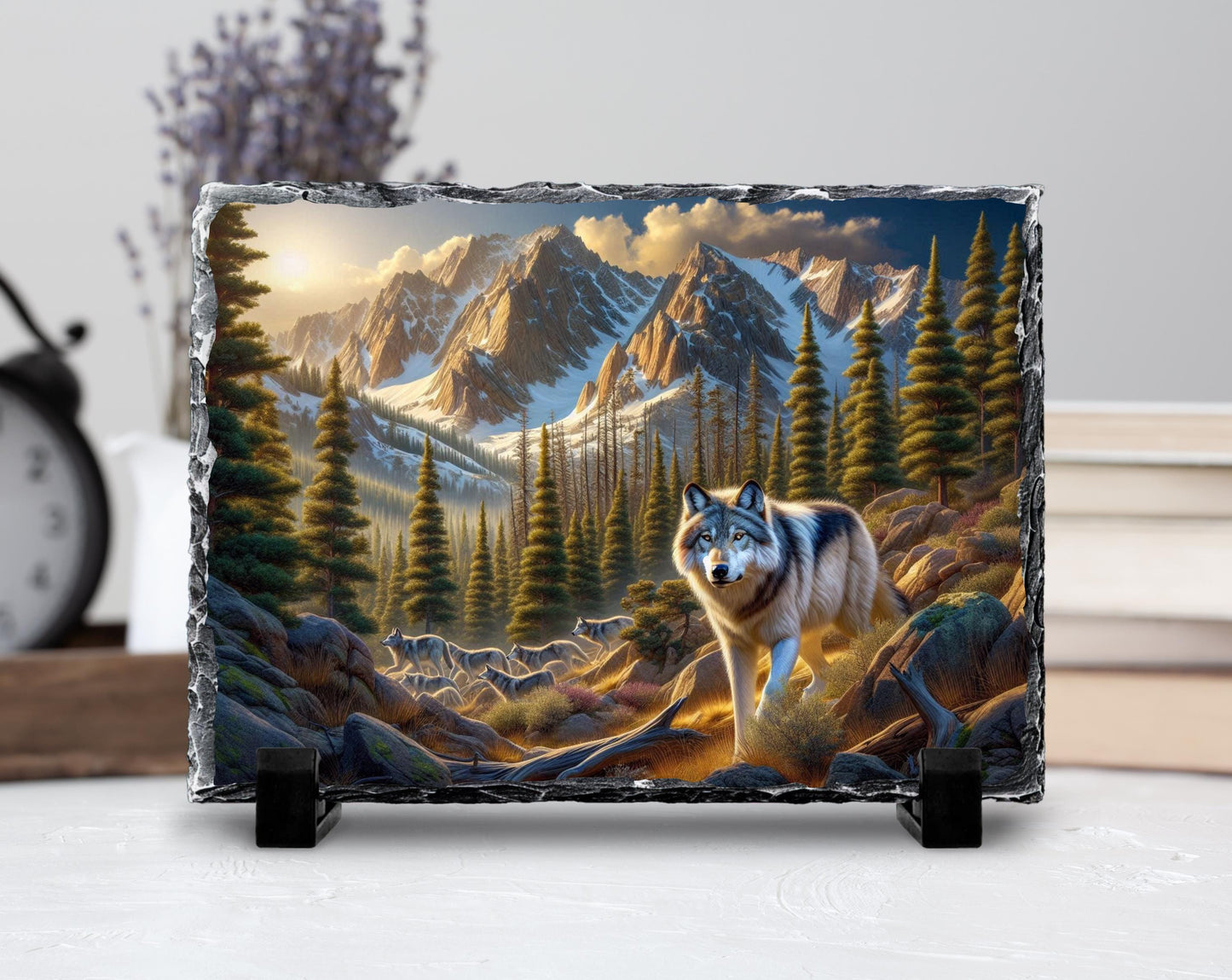 Wolf Stone Plaque - Rustic Slate Artwork | Wildlife Wall Art Gift - product dimensions and specifications