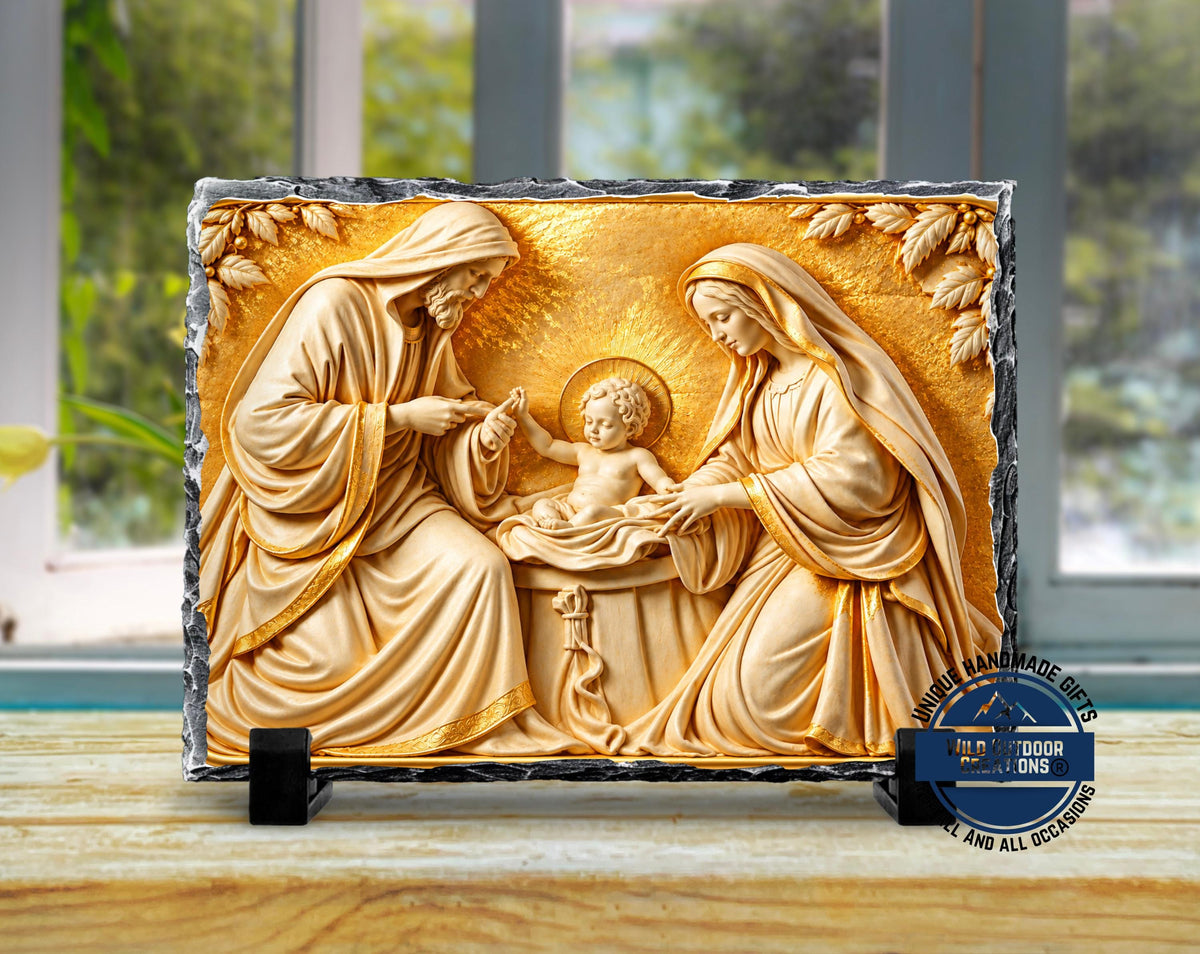 Holy Family Slate Plaque, Gold Nativity Art, Christian Catholic Religious Gift Decor