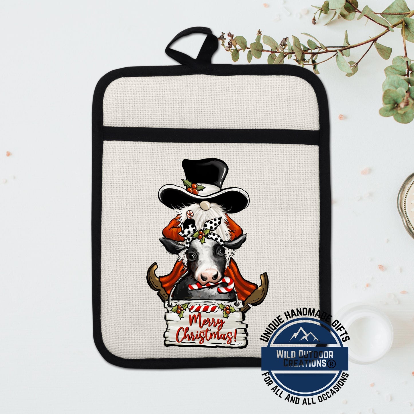 Christmas Cow Pot Holder Linen Hot Pad Cowboy Gnome Farmhouse Kitchen Gift