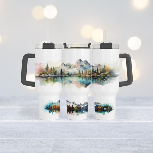 Mountain Lake Tumbler, 40 Oz Watercolor Handle, Forest Landscape