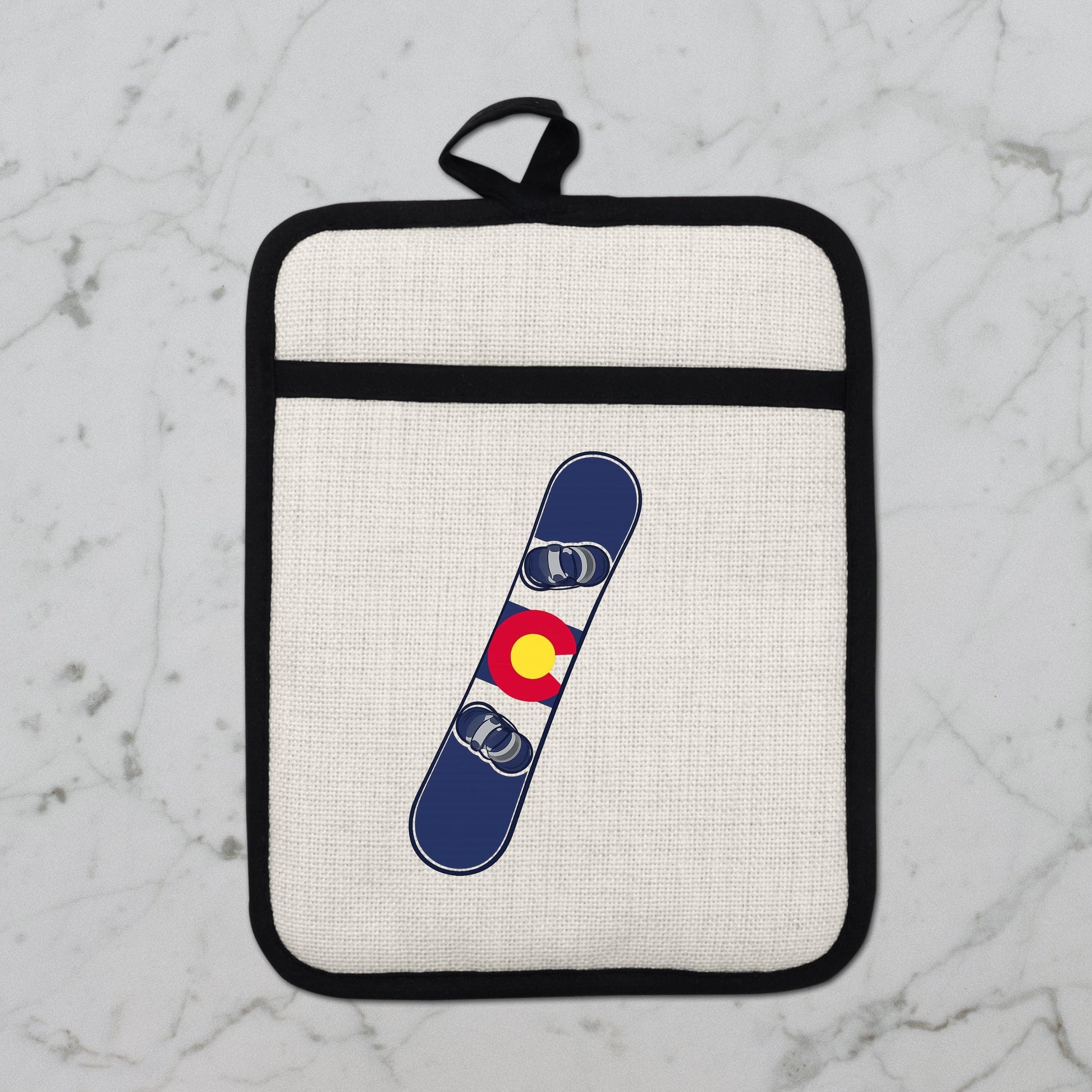 Snowboard Pot Holder - Colorado Flag Design | Linen Fabric & Silicone Backing Pad Trivet - gift presentation view