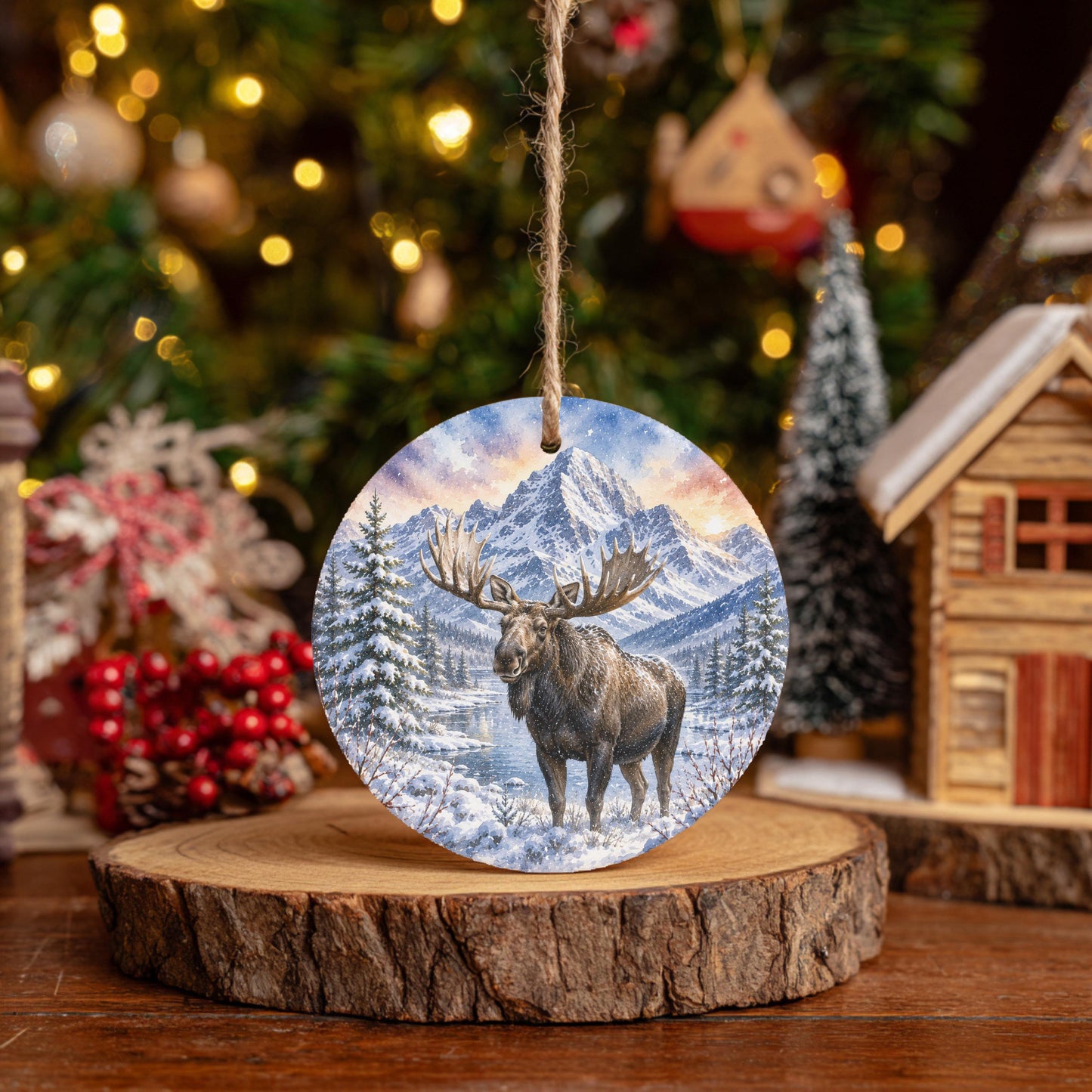 A circular ornament featuring a moose standing in a snowy forest, with a mountain range in the background. The ornament is hanging from a string and placed on a wooden surface.