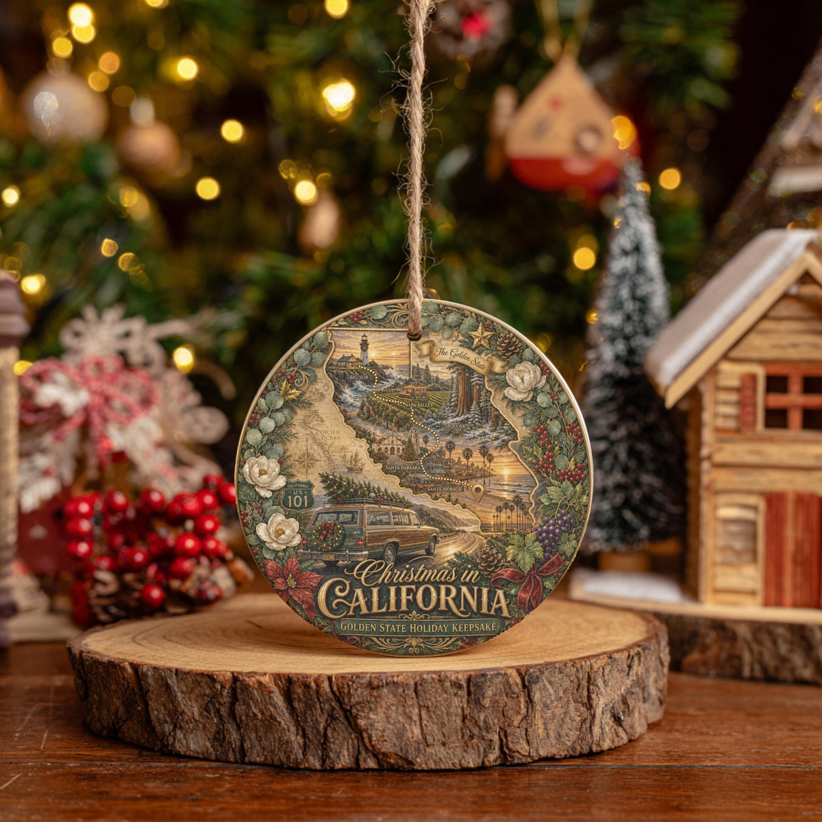 California Christmas Ornament, Vintage Wagon Ceramic Keepsake