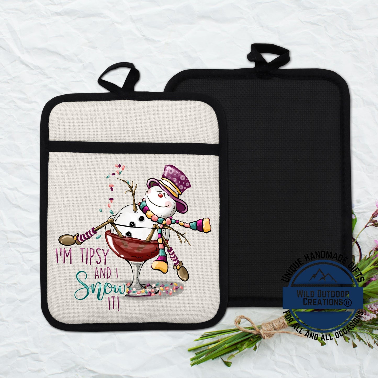 Snowman Wine Pot Holder Linen Hot Pad Tipsy Funny Christmas Kitchen Gift Decor