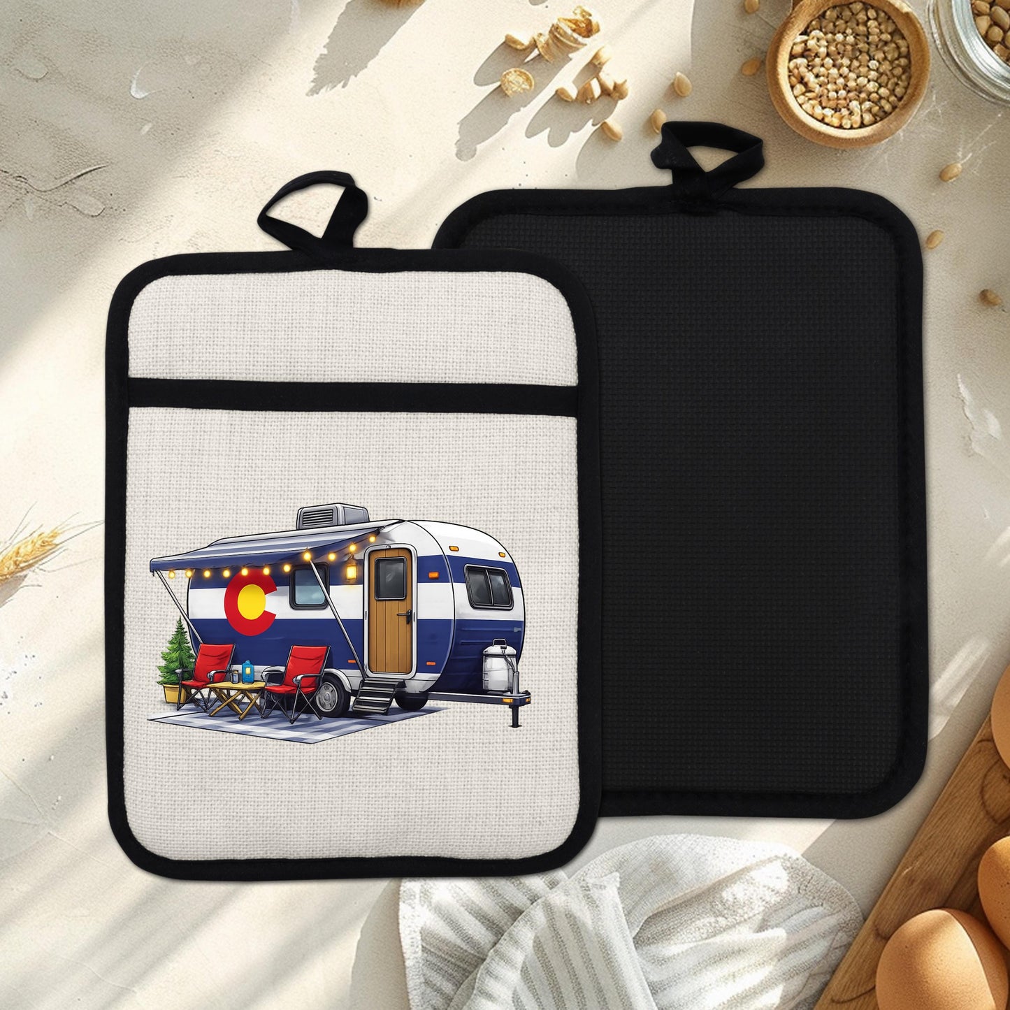 Colorado Camper Pot Holder - Linen Fabric, Silicone Heat Trivet With Loop