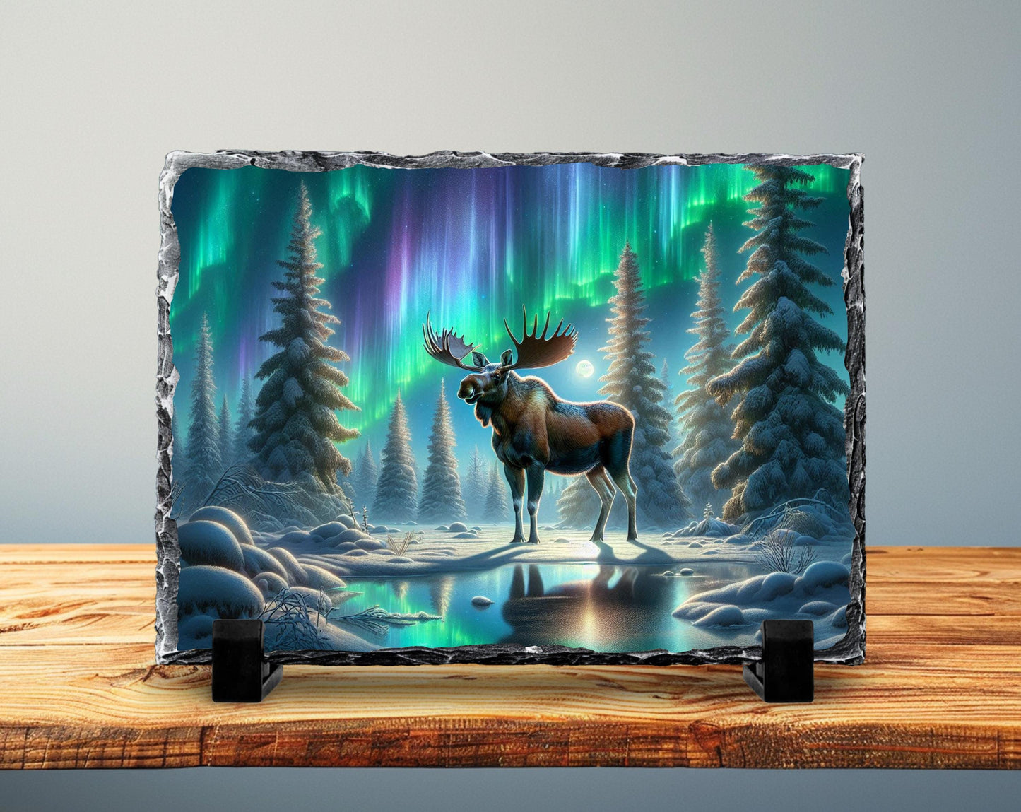 Moose Slate Plaque – Northern Lights Art | Rustic Cabin Decor, Wildlife Wall Art - gift presentation view